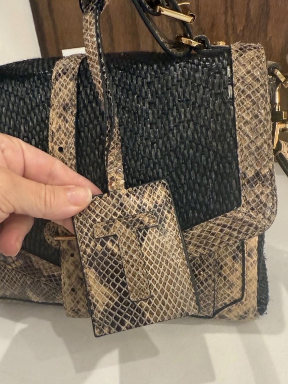 Tory Burch Black Woven and Snake-Print Brown Top Handle Shoulder Bag - Picture 4 of 16